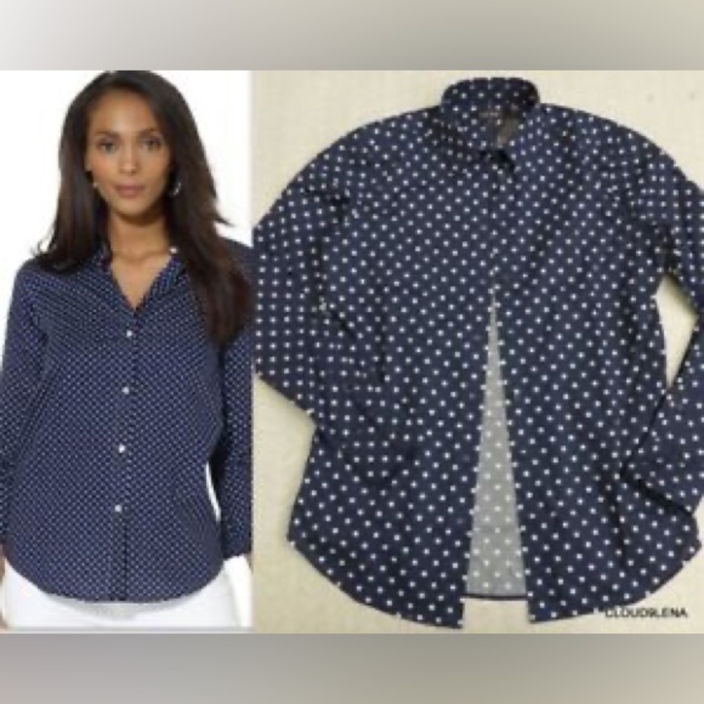 Ralph Lauren Polka-Dot Long-Sleeve Top S Navy & White